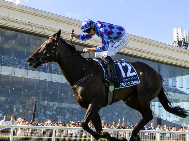 MELBOURNE, AUSTRALIA - MARCH 16: Declan Bates riding Pride of Jenni defeats Craig Williams riding Mr Brightside and Cascadian in Race 8, the The Sharp Eit All-star Mile, during The All-Star Mile Race Day at Caulfield Racecourse on March 16, 2024 in Melbourne, Australia. (Photo by Vince Caligiuri/Getty Images)