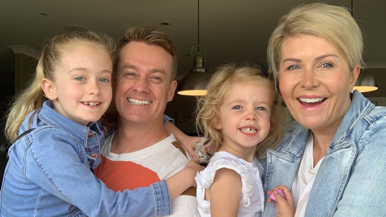 Grant Denyer with his eldest daughter Sailor, 8, wife Cheryl and youngest daughter Scout, 4. Picture: Instagram/Chezzidenyer