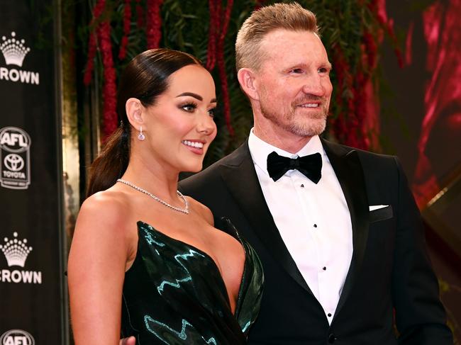 VARIOUS CITIES, AUSTRALIA - SEPTEMBER 25: Brodie Ryan and Nathan Buckley pose on arrival ahead of the 2023 Brownlow Medal at the Crown Palladium on September 25, 2023 in Melbourne, Australia. (Photo by Quinn Rooney/Getty Images)