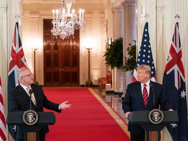 Australian Prime Minister Scott Morrison speaks during a press conference with US President Donald Trump in the East Room of the White House. Picture: AFP