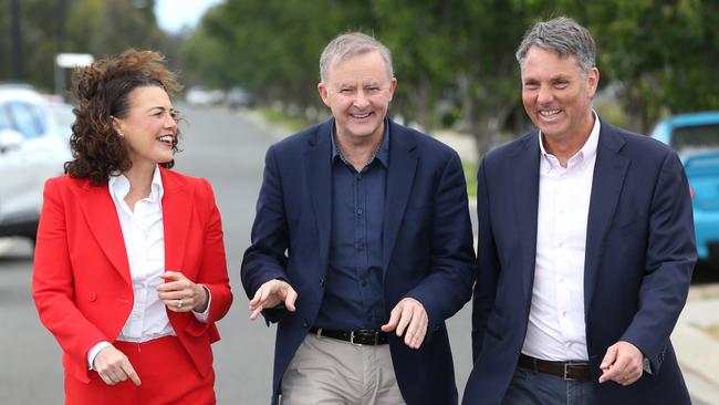 Federal Opposition Labour leader Anthony Albanese with Labor MPs Libby Coker and Richard Marles. Picture: Mike Dugdale