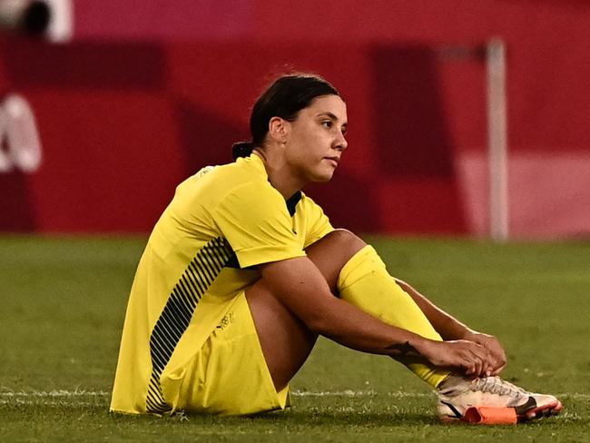 Australia's forward Sam Kerr reacts after losing the Tokyo 2020 Olympic Games women's bronze medal football match between Australia and the United States at Ibaraki Kashima Stadium in Kashima city, Ibaraki prefecture on August 5, 2021. (Photo by Jeff PACHOUD / AFP)