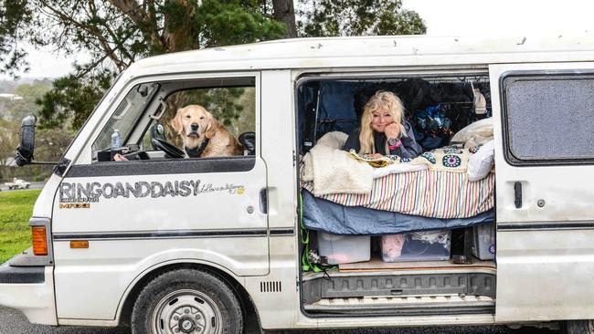 Carol Morris and her dog Ringo have been forced to live in a van since February. Picture: Brenton Edwards