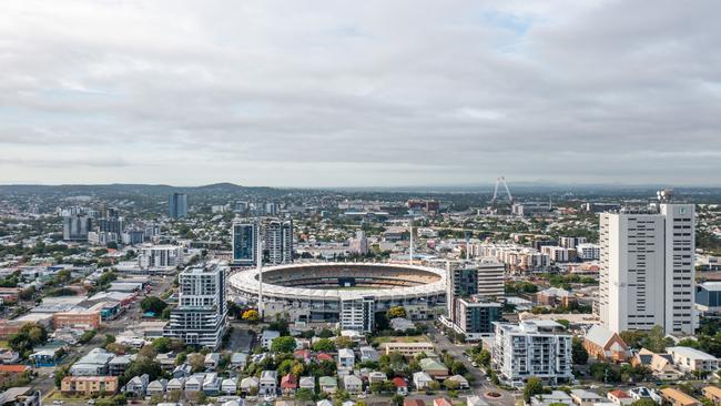 Developing Queensland - Brisbane Queensland Australia - January 10 2023 : Woolloongabba (Gabba) stadium is seen on a summer morning. This stadium is set to welcome Brisbane Olympics summer games in 2032.