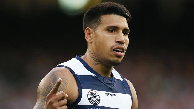 AFL Round 7. 05/05/2019. Geelong v Essendon at the MCG.   Geelongs Tim Kelly  celebrates a goal in the 3rd qtr    . Pic: Michael Klein.