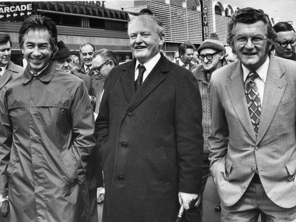 Former premier Don Dunstan, federal politician Frank Crean and ACTU president Bob Hawke lead the Labor Day march in Adelaide, on 13 Octover 1975.