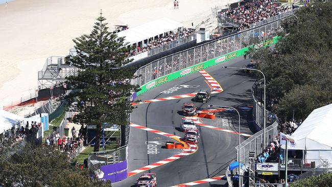 General, generic stock photo of the Gold Coast 600 Supercars race, held at the Surfers Paradise street circuit, Gold Coast.  Jamie Whincup of Red Bull Holden Racing leads the start of the race. Picture: BRENDAN RADKE