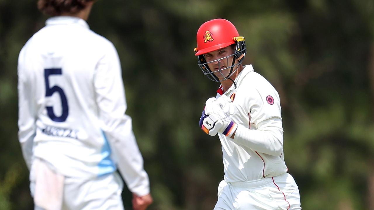 Alex Carey pumps his fist after bringing up his seventh first-class hundred for South Australia against NSW. Picture: Brendon Thorne / Getty Images