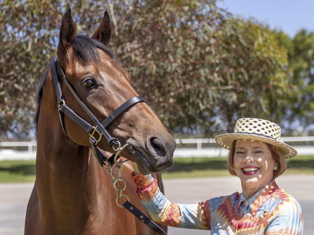 Gai Waterhouse and Just Fine at Flemington Racecourse in Melbourne. Picture: Alex Coppel