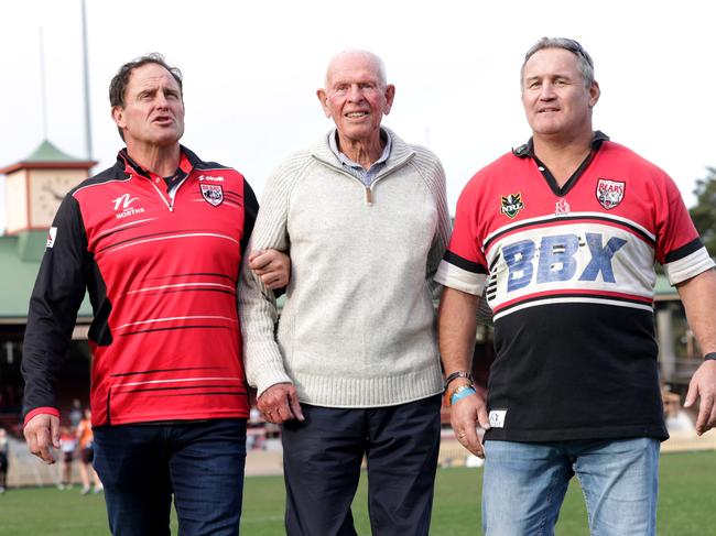Oldest living North Sydney Bear Kevin Marr on his 93rd birthday accompanied by club legends (L-R) Billy Moore and Josh Stuart attending the Bears v Sea Eagles at North Sydney Oval. Jane Dempster/The Australian.