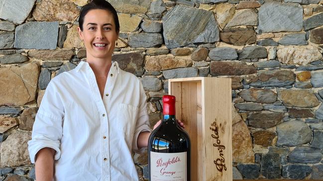 Penfolds senior winemaker Steph Dutton with a six litre bottle of grange which will be auctioned at the April 2021 Barossa Wine Auction. Supplied