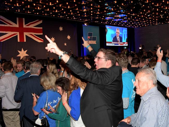 Liberal Party supporters celebrate seats won as they await Prime Minister Scott Morrison’s arrival. Picture: Tracey Nearmy/Getty