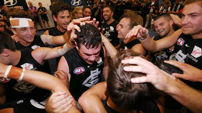 Carlton players celebrate their first win of the season in 2019. Pic: Michael Klein.