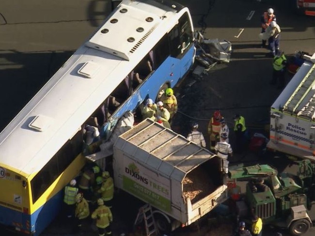 Emergency crews have raced to the scene of a truck and bus crash west of Sydney.vTwo people were trapped inside the truck. One of those was freed and treated at the scene by NSW Ambulance before being taken to Nepean Hospital in a serious condition. Picture: 9 News