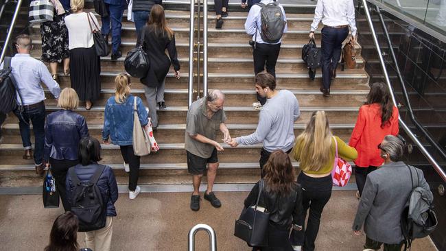 During a launch event for the Vinnies CEO Sleepout in April 2023, NewsWire spotted this man begging for change at Sydney’s Martin Place. Picture: NewsWire / Simon Bullard.