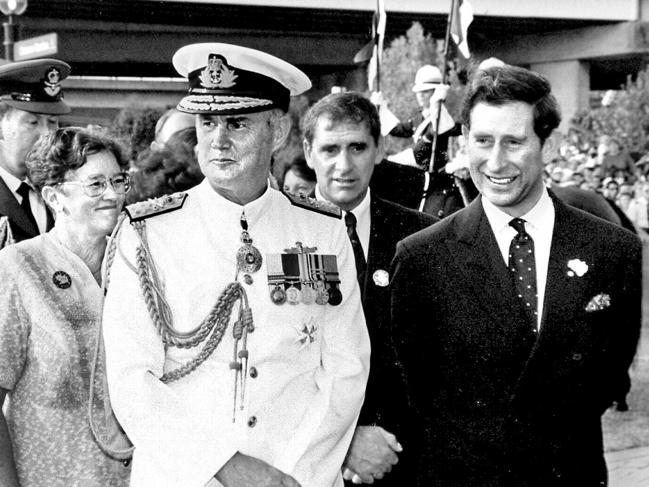 Charles, Prince of Wales (right) with then NSW Governor Rear Admiral Peter Sinclair, and John Fahey during a visit by the Royals in 1994.