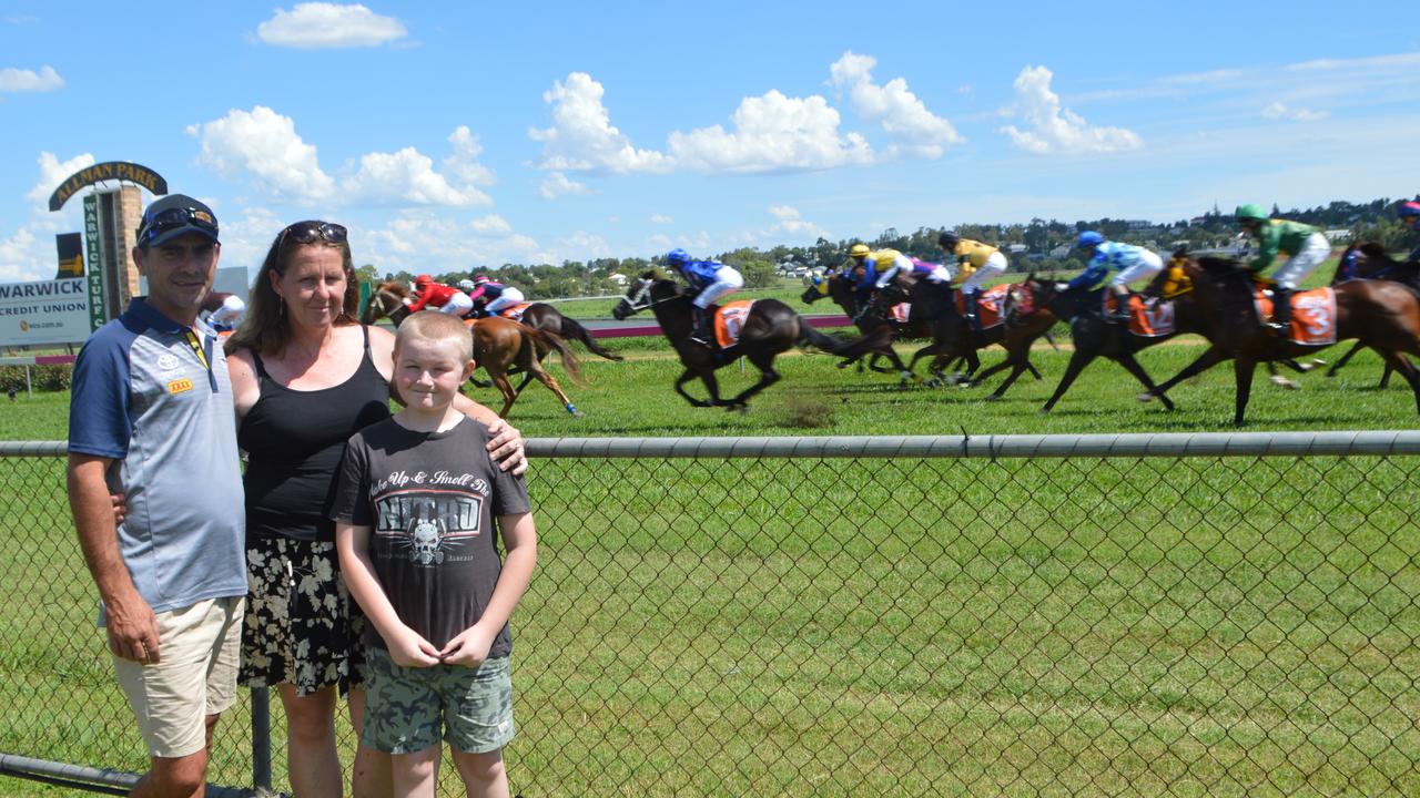 RACING TO THE FINISH: Jason Kielly, Jenni Kehlet and Reid Beckhouse at the 2021 Warwick Cowboys TAB Race Day.