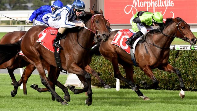 6/05/2017 Morphettville Races. Race 5- Queen of the South Stakes. Damian Lane hits the line first on Amelie's Star in from of Emily Finnegan on Have Another Glass. Picture Mark Brake