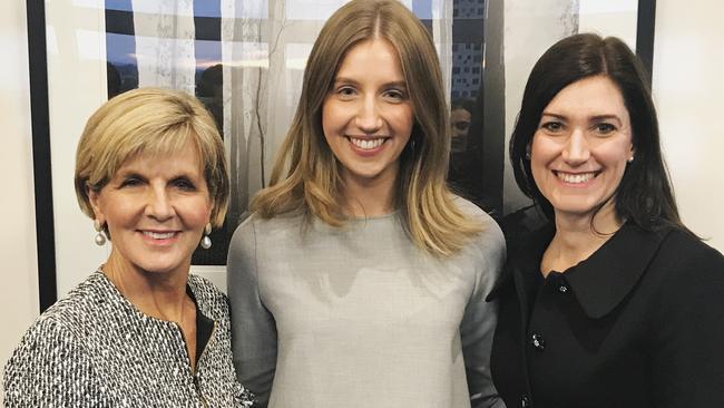 Incoming federal Young Liberal Party vice president Jocelyn Sutcliffe with former Foreign Minister Julie Bishop and Federal MP for Boothby Nicolle Flint. Picture: Supplied