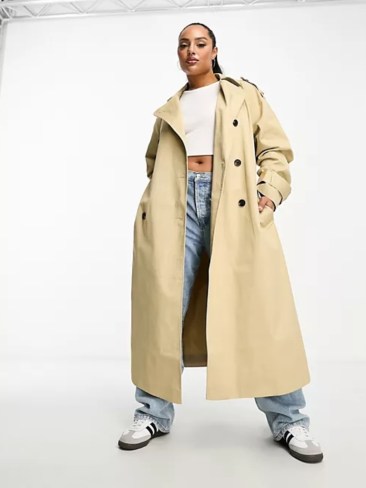 ASOS Design Curve Longline Trench Coat in Stone. Picture: ASOS.