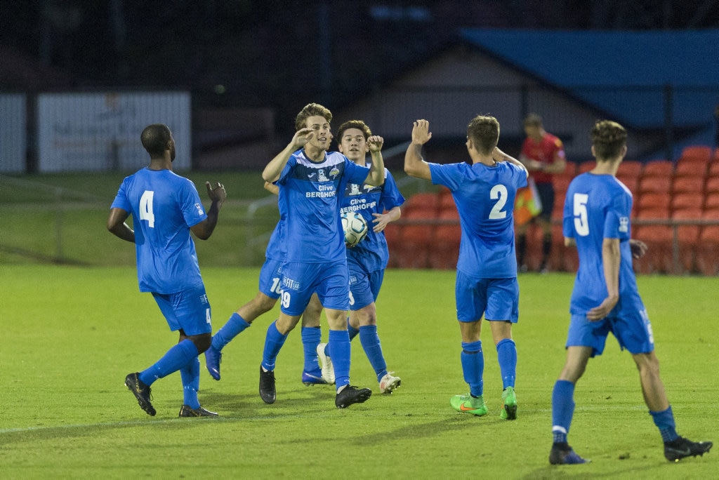 South West Queensland Thunder celebrate a goal by Luke Lister (centre) against Magpies Crusaders in NPL Queensland men round five football at Clive Berghofer Stadium, Saturday, March 2, 2019. Picture: Kevin Farmer