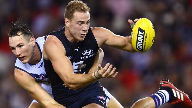 Brennan Cox was destroyed by Harry McKay, but his coach says the defender’s teammates were to blame. Picture: Getty Images