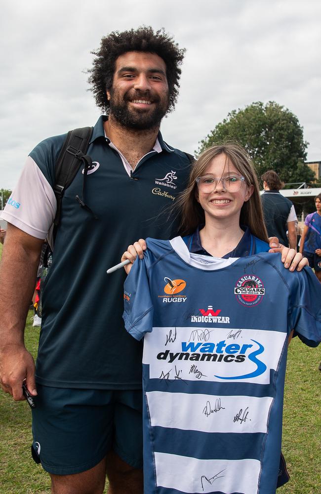 Zane Nonggorr and Erin Cram as the Wallabies get around the NT Rugby Union community before the 2023 World Cup. Picture: Pema Tamang Pakhrin