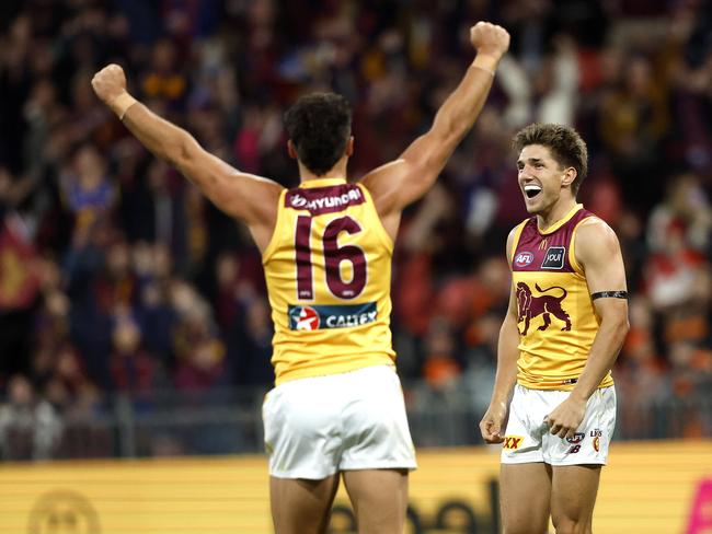 Brisbane's Zac Bailey celebrates a goal with Cameron Rayner during the AFL Semi Final match between the GWS Giants and Brisbane Lions at Engie Stadium on September 14, 2024. Photo by Phil Hillyard(Image Supplied for Editorial Use only - **NO ON SALES** - Â©Phil Hillyard )