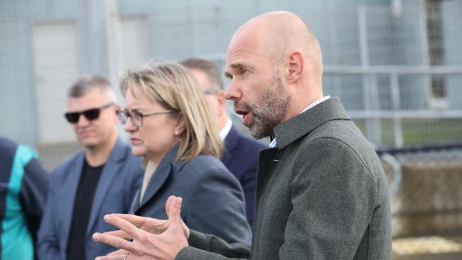 Then Commonweath Games organising committee CEO Jeroen Weimar and then minister for Commonwealth Games delivery, Jacinta Allan, making an announcement regarding a hockey facility upgrade in the Geelong suburb of Corio in 2022. Picture: Alan Barber