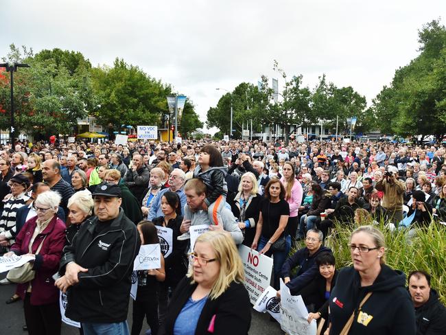 Locals gather to protest against the building of a youth justice centre in Werribee. Picture: Jake Nowakowski