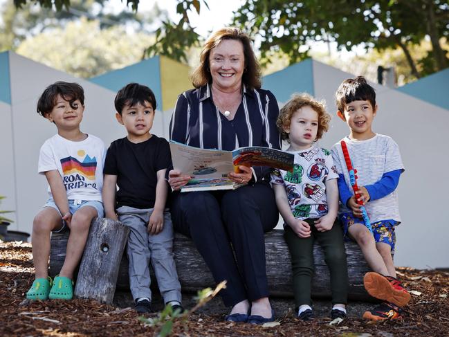 SCECS CEO Franceyn O’Connor at St Joseph’s Preschool and. Long Day Care in Rosebery with kids (L to R) Beau Kaywah, Montago Ruiz, Hunter Bennett and Micah Nakamura. Picture: Sam Ruttyn