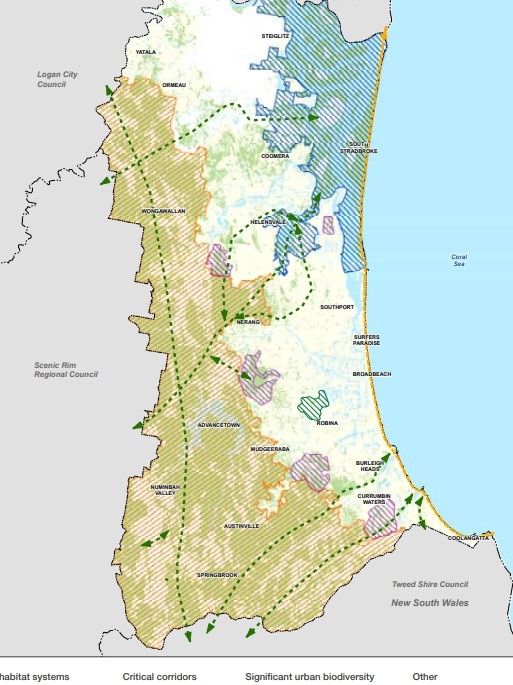 Map showing the critical corridors which need to be protected to save and protect koalas on the Gold Coast.