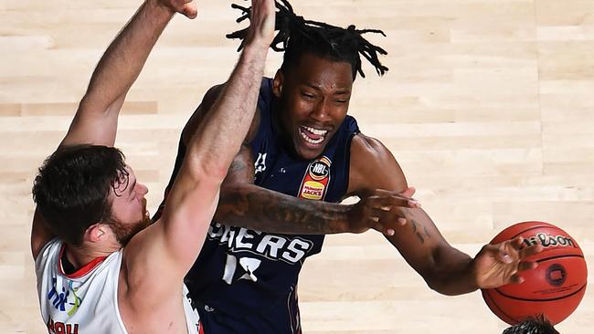 ADELAIDE, AUSTRALIA - NOVEMBER 15: Eric Griffin of the 36ers fouled by Nicholas Kay of the Wildcats during the round 7 NBL match between the Adelaide 36ers and the Perth Wildcats at Titanium Security Arena on November 15, 2019 in Adelaide, Australia. (Photo by Mark Brake/Getty Images)