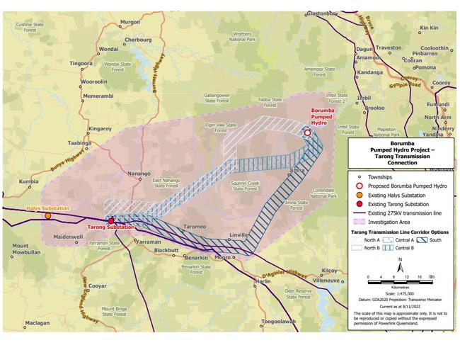 Map of proposed transmission pathways from Borumba Dam to Tarong substation. Picture: Powerlink