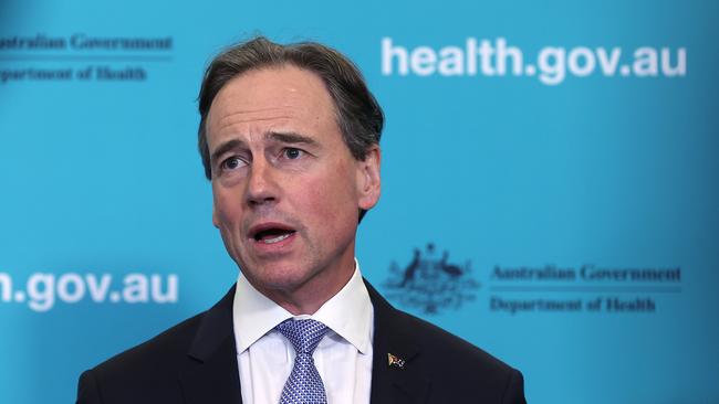 Health Minister Greg Hunt at a press conference in Canberra. Picture: NCA NewsWire / Gary Ramage