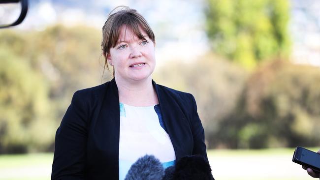 Shadow Health Minister Sarah Lovell addresses the media on developments regarding coronavirus. Picture: Zak Simmonds