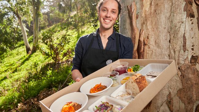 Topiary restaurant owner and chef Kane Pollard with one of his takeaway menu offerings. Picture: Matt Loxton