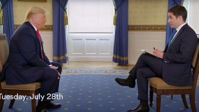 Donald Trump was ‘happy’ with his so-called ‘train wreck’ interview with Jonathan Swan, who says despite his ‘absolute crisis’ Trump can still win. Picture: Axios/HBO