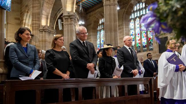 Gladys Berejiklian, Jenny and Scott Morrison and Linda and David Hurley at a special prayer service for Prince Philip in Sydney on Sunday. Picture: NCA NewsWire/Bianca De Marchi