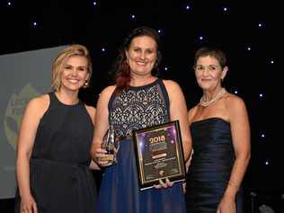 FLASHBACK: Employee of the year Ellisha Freeman (centre) with host Edwina Bartholomew and LVRC mayor Tanya Milligan, at the 2018 Lockyer Valley Business, Training and Apprenticeship Awards. Picture: ALI KUCHEL