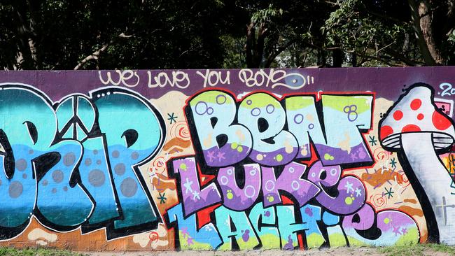 A mural painted at Miller Reserve, Manly Vale, to remember three Northern Beaches boys killed in a tragic accident, Lachlan Burleigh, Ben Sawyer and Luke Shanahan.