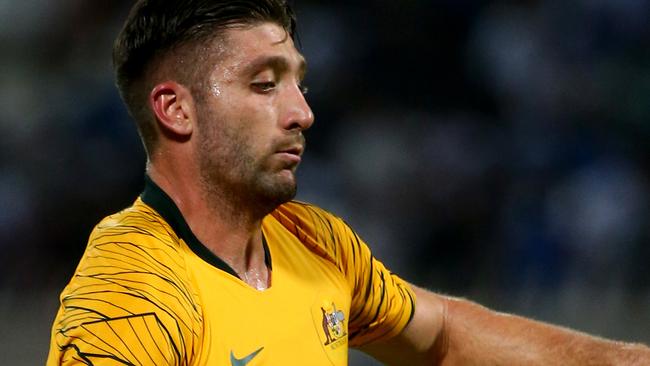 KUWAIT CITY, KUWAIT - SEPTEMBER 10: Brandon Borrello of Australia in action during the FIFA World Cup Qatar 2022 and AFC Asian Cup China 2023 Preliminary Joint Qualification Round 2 match between Kuwait and the Australia Socceroos at Kuwait Club Stadium on September 10, 2019 in Kuwait City, Kuwait. (Photo by Tom Dulat/Getty Images)
