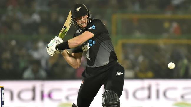 JAIPUR, INDIA - NOVEMBER 17: Martin Guptill of New Zealand plays a shot during the T20 International match between India and New Zealand at Sawai Mansingh Stadium on November 17, 2021 in Jaipur, India. (Photo by Pankaj Nangia/Getty Images)