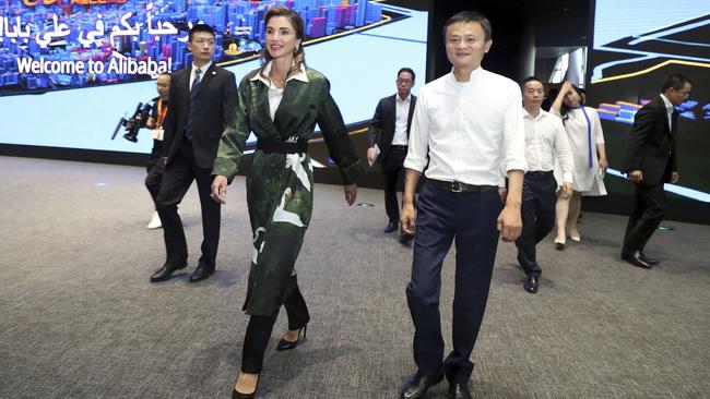 Alibaba Group chairman Jack Ma, right, accompanies Jordan's Queen Rania on a tour this month of the Alibaba headquarters in Hangzhou in eastern China's Zhejiang Province.