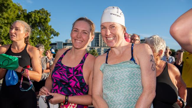 Natalie Wright and Taryn Tyack at the 2024 Masters Swimming Australia National Championships open swim event in Darwin. Picture: Pema Tamang Pakhrin