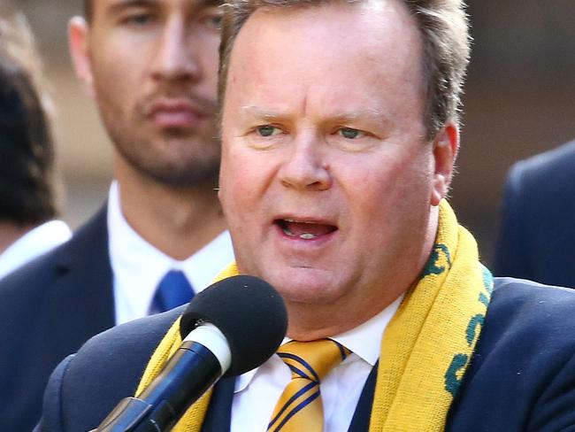 Pictured in Martin Place, Sydney today is ARU CEO Bill Pulver speaking at the Wallabies public farewell before they head off to the Rugby World Cup. Picture: Tim Hunter.