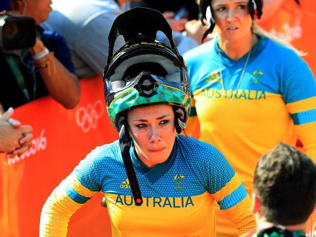 Caroline Buchanan crashes and is out of the competition on Finals day of the Rio Olympics 2016 BMX event at the Olympic BMX Centre. Pics Adam Head