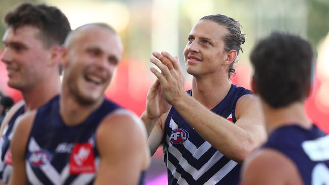 Nat Fyfe was all smiles after Fremantle’s comeback victory over St Kilda. Picture: Chris Hyde/Getty Images