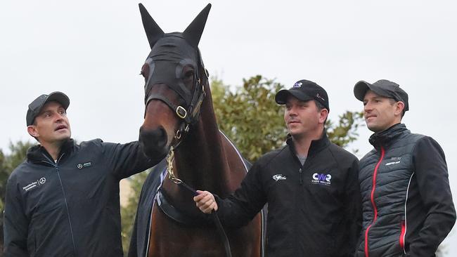 Chris Waller - Trainer, Winx lead by Umut Odemislioglu - Strapper and High Bowman - jockey. Picture: Nicole Garmston