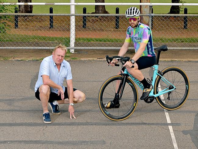 Darwin cyclists Stuart Crompton and Matt King are unhappy with the state of the velodrome at Millner.